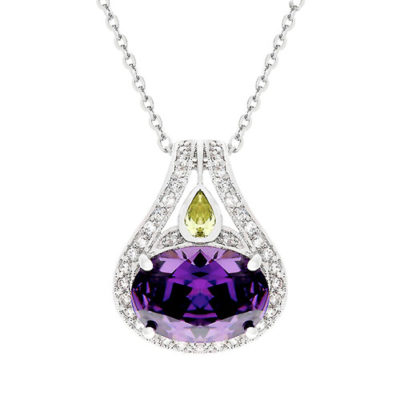Fit for a queen the Elizabeth pendant will add a wonderful touch of elegance to any outfit. Faceted amethyst stone set on prongs, surrounded by clear cubic zircons and accented with a peridot CZ in a tear drop design. Crafted on a thick rhodium plated alloy finish and hanging from a chain. Approximately 16” length plus 2” extender. Lobster clasp.