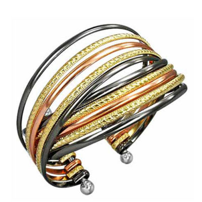 Alma & Co. Tricolor cuff bracelet. Mix of metals and textures cuff bracelet