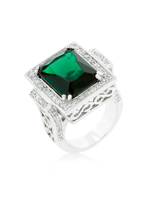 Alma & Co. Lidia ring. Magnificent green cubic zirconia cocktail ring has shiny silver tone polish and filigree craftsmanship